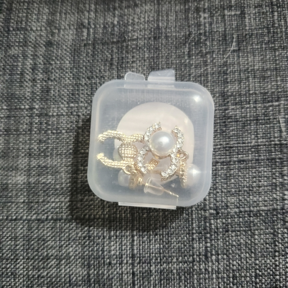 Gold Double C Pearl Earrings Crystal Pavé Interlocking Studs MSRP $40